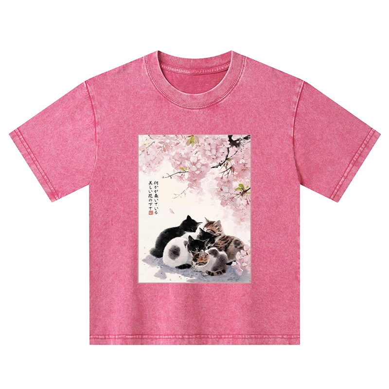 Tokyo-Tiger Cute Cats Sakura Garden Kids Washed T-Shirt