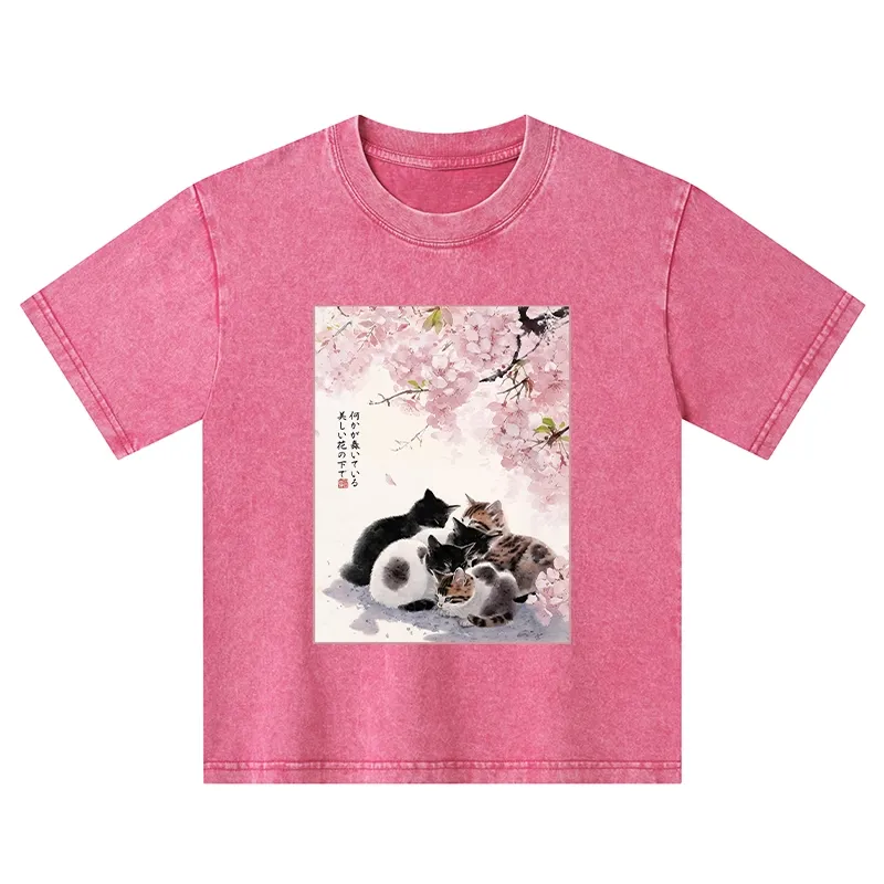 Tokyo-Tiger Cute Cats Sakura Garden Kids Washed T-Shirt