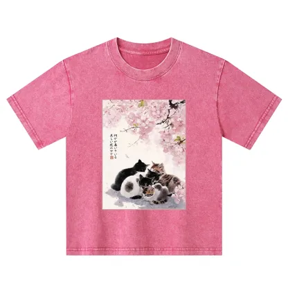 Tokyo-Tiger Cute Cats Sakura Garden Kids Washed T-Shirt