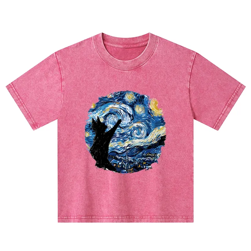 Tokyo-Tiger Starry Night Black Cat Kids Washed T-Shirt