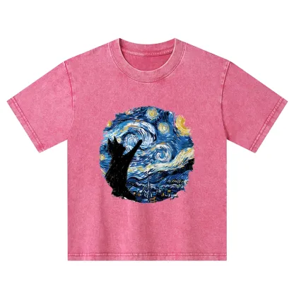 Tokyo-Tiger Starry Night Black Cat Kids Washed T-Shirt