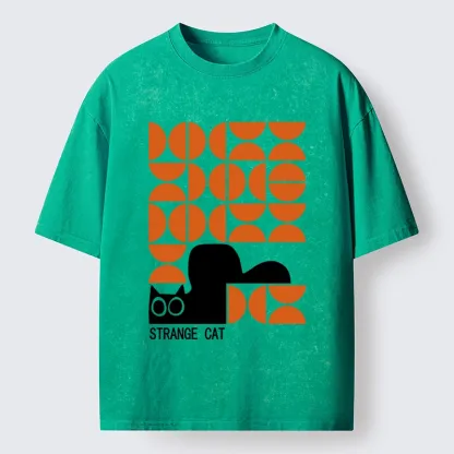 Tokyo-Tiger Black Cat Geometric Pattern Washed T-Shirt