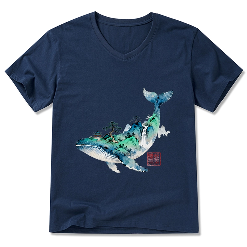 Tokyo-Tiger Whale Ink Painting Landscape V-Neck Classic T-Shirt