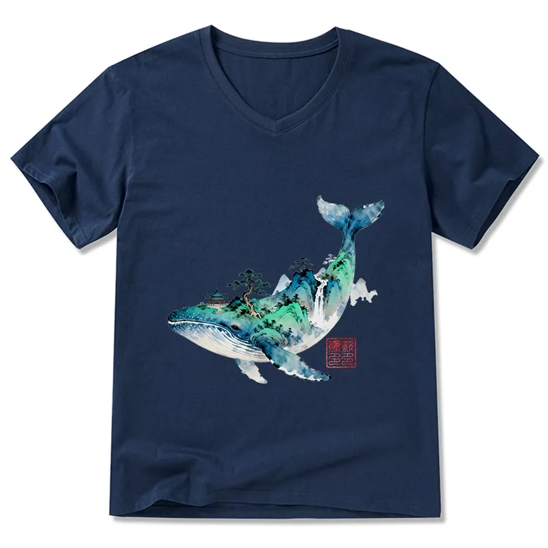 Tokyo-Tiger Whale Ink Painting Landscape V-Neck Classic T-Shirt