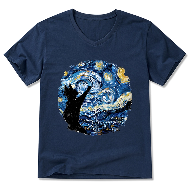 Tokyo-Tiger Starry Night Black Cat V-Neck Classic T-Shirt