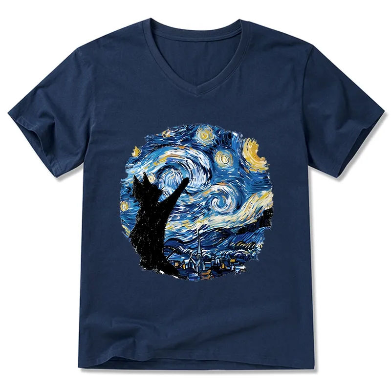 Tokyo-Tiger Starry Night Black Cat V-Neck Classic T-Shirt