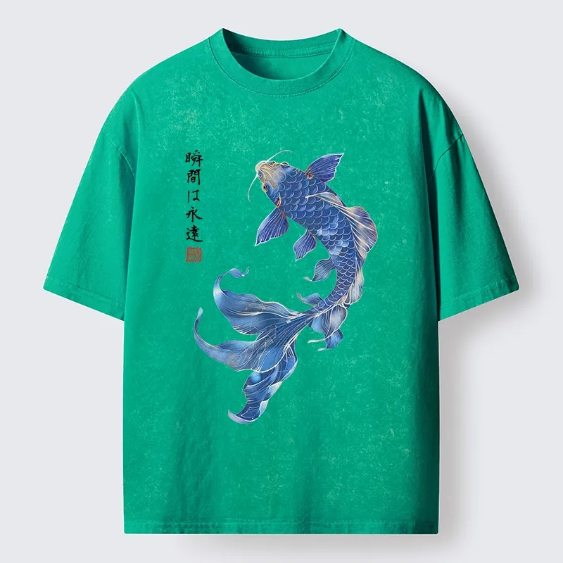 Tokyo-Tiger Lucky Blue Koi Fish Art Washed T-Shirt