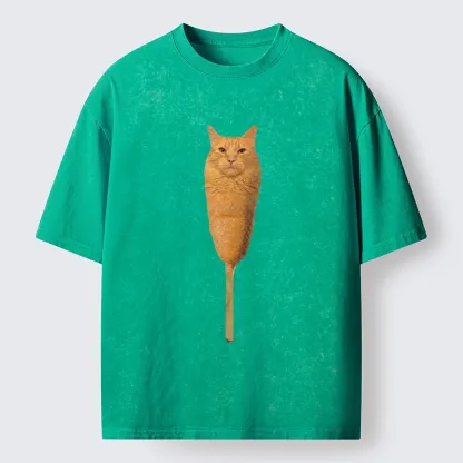 Tokyo-Tiger Orange Cat Corn Dog Meme Washed T-Shirt