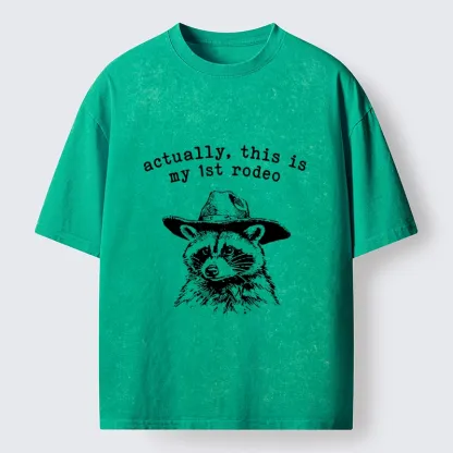 Tokyo-Tiger Cowboy Raccoon First Rodeo Meme Washed T-Shirt