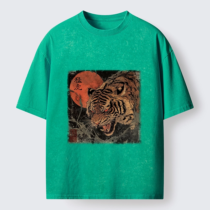 Tokyo-Tiger Fierce Tiger Red Moon Art Washed T-Shirt