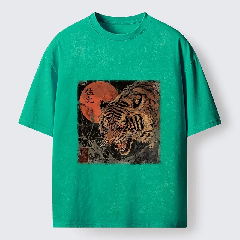 Tokyo-Tiger Fierce Tiger Red Moon Art Washed T-Shirt