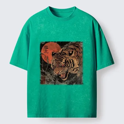 Tokyo-Tiger Fierce Tiger Red Moon Art Washed T-Shirt