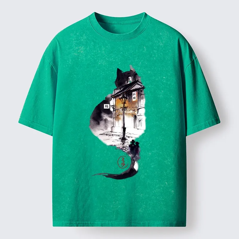 Tokyo-Tiger Black Cat Night Street Silhouette Washed T-Shirt