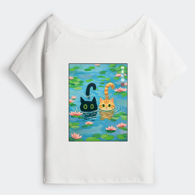 Tokyo-Tiger Cats In The Lotus Pond Off Shoulder T-Shirt