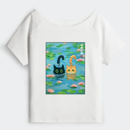 Tokyo-Tiger Cats In The Lotus Pond Off Shoulder T-Shirt