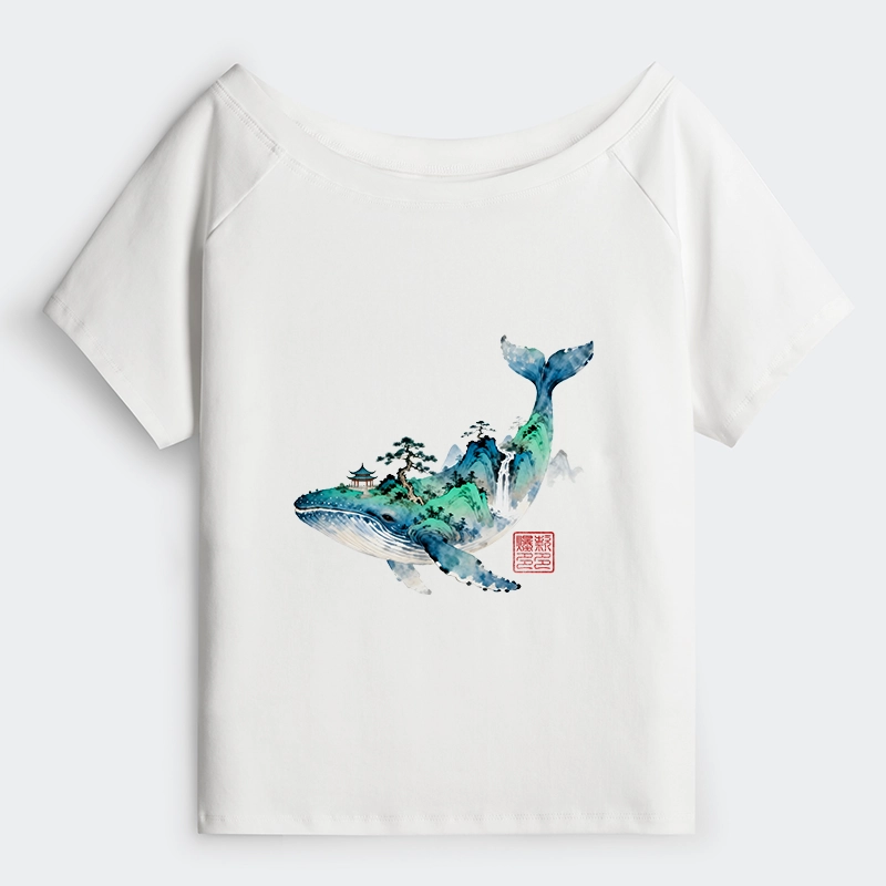Tokyo-Tiger Whale Ink Painting Landscape Off Shoulder T-Shirt