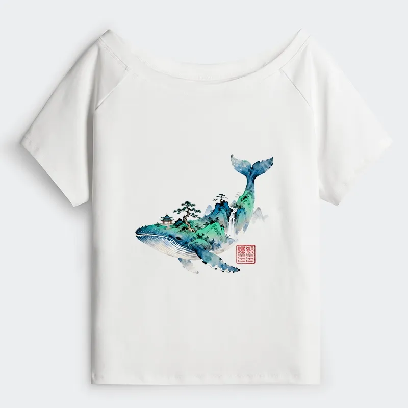 Tokyo-Tiger Whale Ink Painting Landscape Off Shoulder T-Shirt