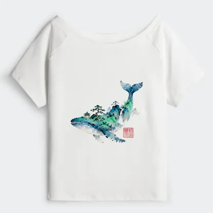 Tokyo-Tiger Whale Ink Painting Landscape Off Shoulder T-Shirt