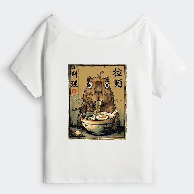 Tokyo-Tiger Cute Capybara Eating Ramen Off Shoulder T-Shirt
