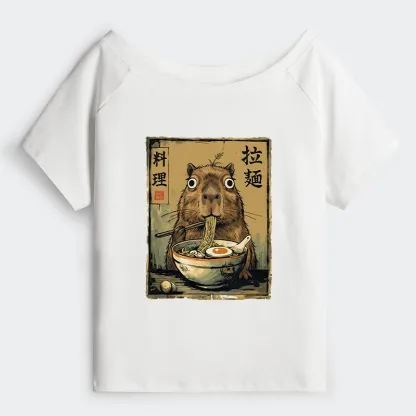 Tokyo-Tiger Cute Capybara Eating Ramen Off Shoulder T-Shirt