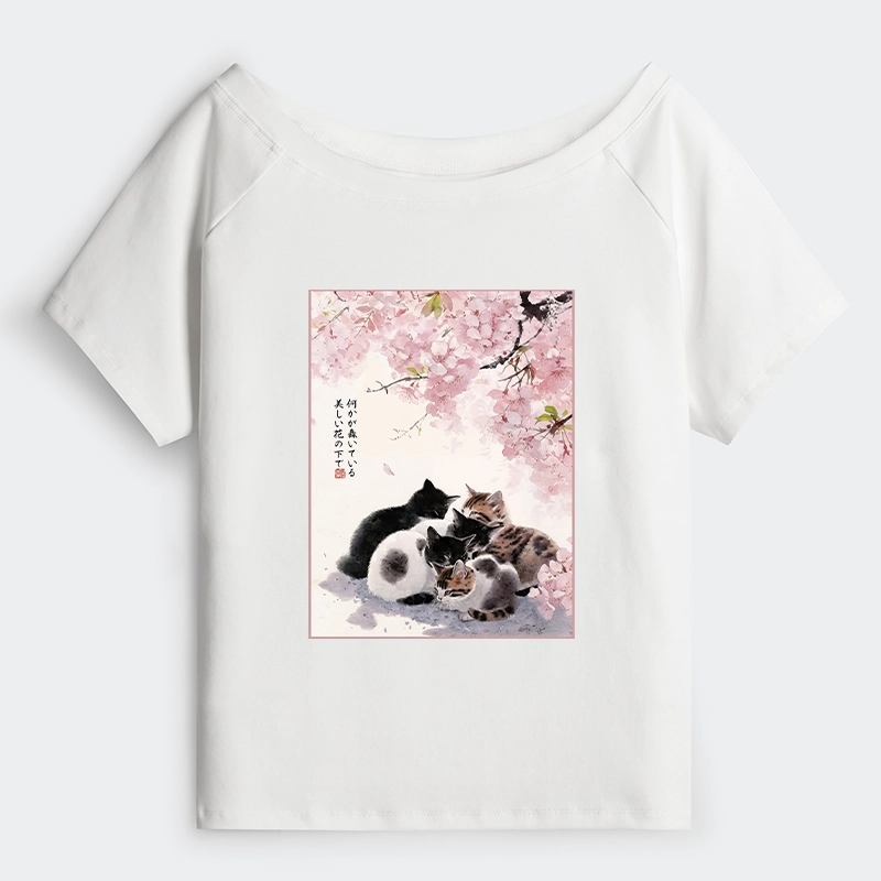 Tokyo-Tiger Cute Cats Sakura Garden Off Shoulder T-Shirt