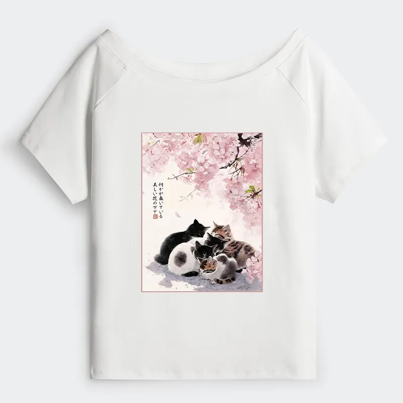 Tokyo-Tiger Cute Cats Sakura Garden Off Shoulder T-Shirt