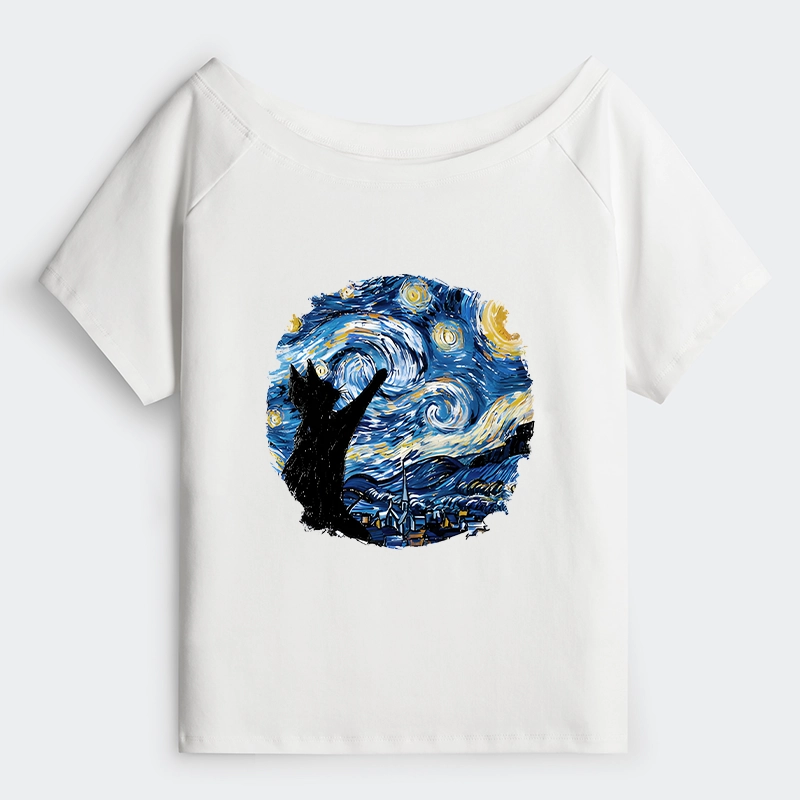 Tokyo-Tiger Starry Night Black Cat Off Shoulder T-Shirt