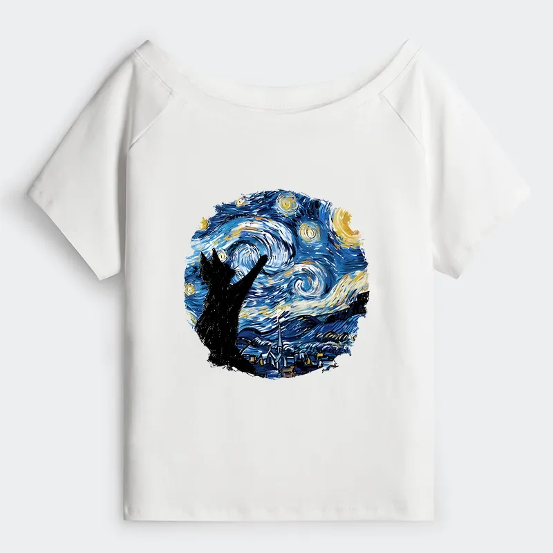 Tokyo-Tiger Starry Night Black Cat Off Shoulder T-Shirt