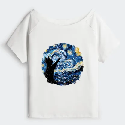 Tokyo-Tiger Starry Night Black Cat Off Shoulder T-Shirt