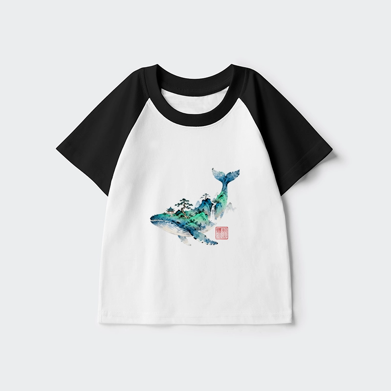 Tokyo-Tiger Whale Ink Painting Landscape Kids Raglan T-shirt