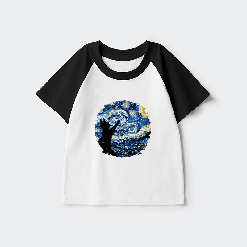 Tokyo-Tiger Starry Night Black Cat Kids Raglan T-shirt