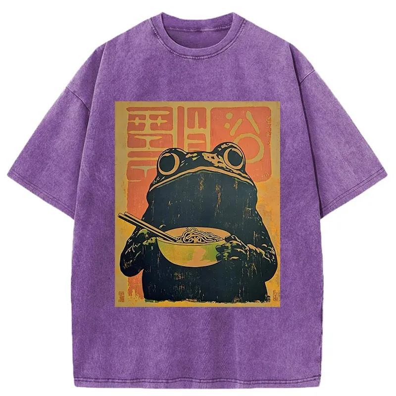 Tokyo-Tiger Retro Frog Eating Ramen Washed T-Shirt