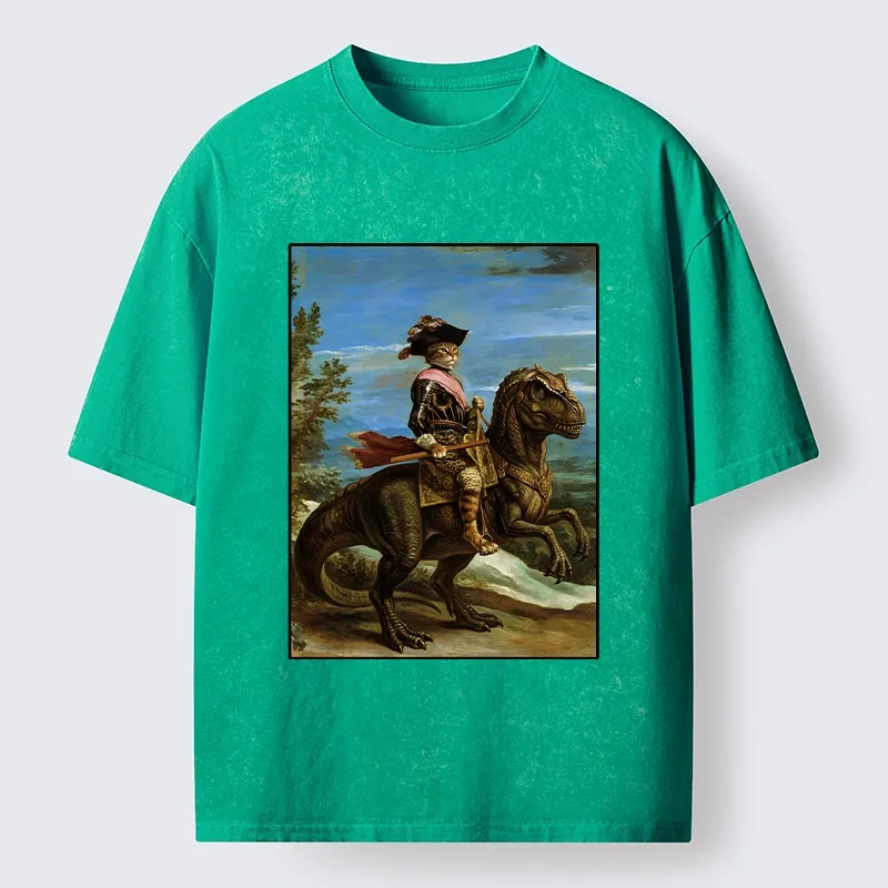 Tokyo-Tiger Fancy Cat Knight On Dinosaur Washed T-Shirt