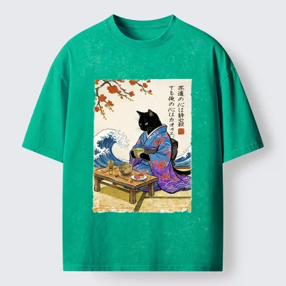 Tokyo-Tiger Black Cat Tea Ceremony Japan Washed T-Shirt