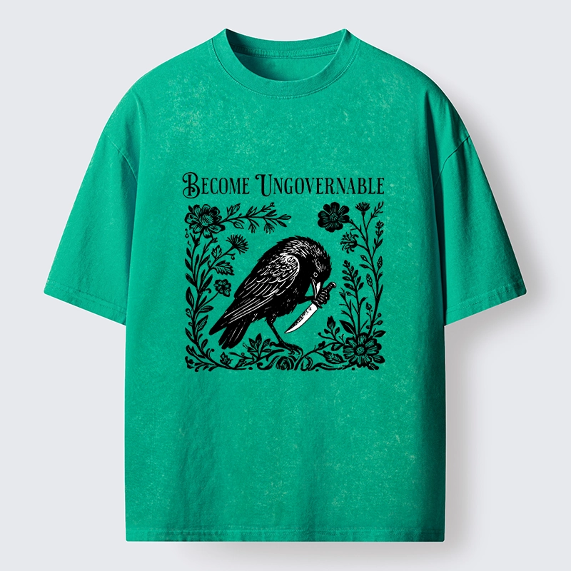 Tokyo-Tiger Crow With Knife Floral Print Washed T-Shirt