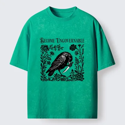 Tokyo-Tiger Crow With Knife Floral Print Washed T-Shirt