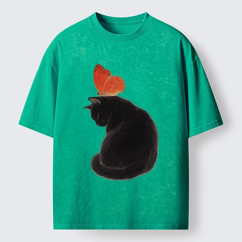 Tokyo-Tiger Black Cat With Orange Butterfly Washed T-Shirt