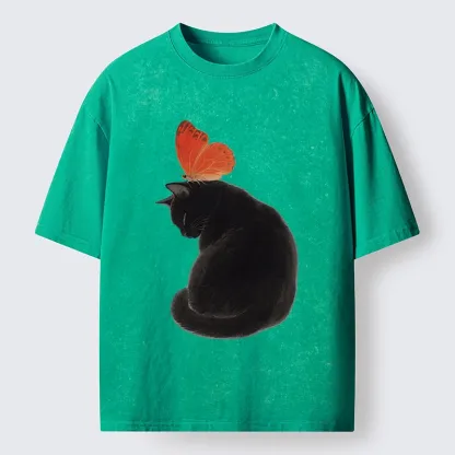 Tokyo-Tiger Black Cat With Orange Butterfly Washed T-Shirt
