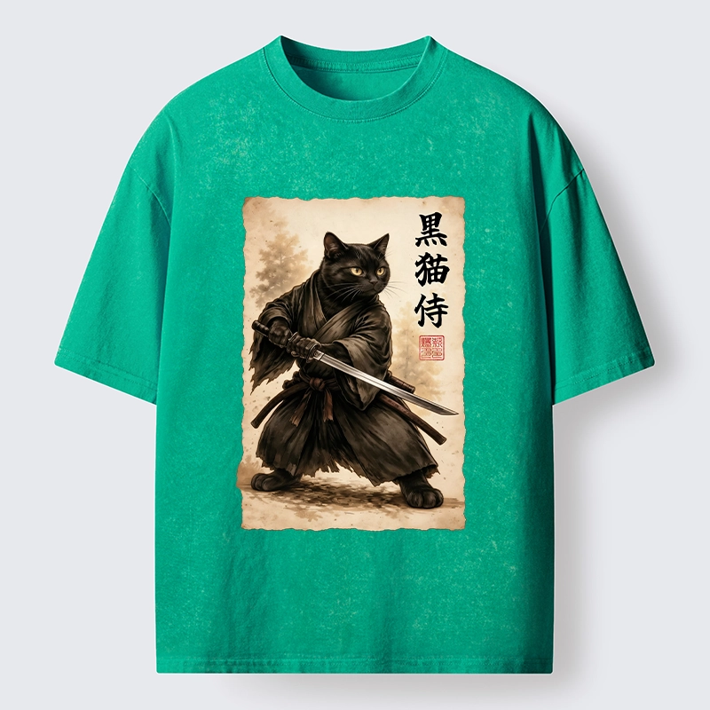 Tokyo-Tiger Black Cat Samurai Warrior Art Washed T-Shirt