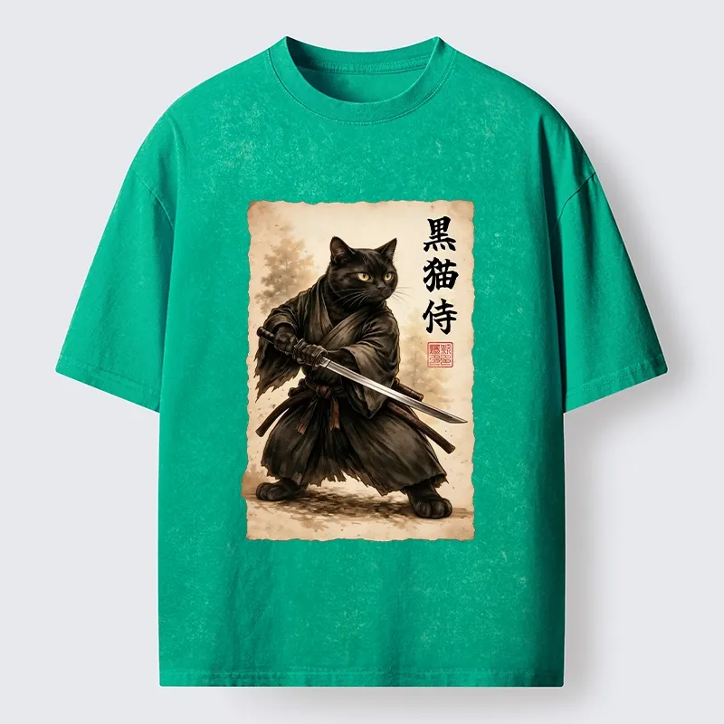 Tokyo-Tiger Black Cat Samurai Warrior Art Washed T-Shirt