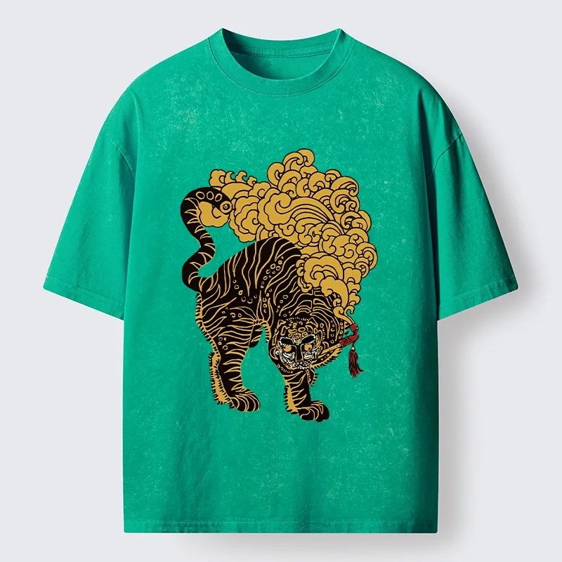 Tokyo-Tiger Black And Gold Tiger With Clouds Washed T-Shirt