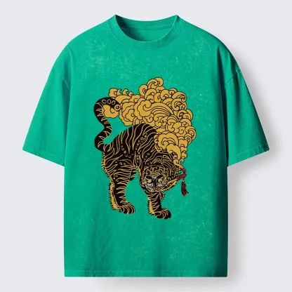 Tokyo-Tiger Black And Gold Tiger With Clouds Washed T-Shirt