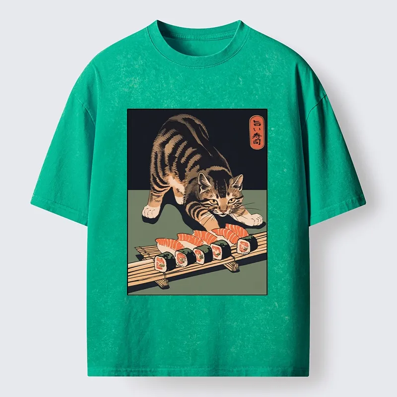 Tokyo-Tiger Cat Trying To Steal Sushi Washed T-Shirt