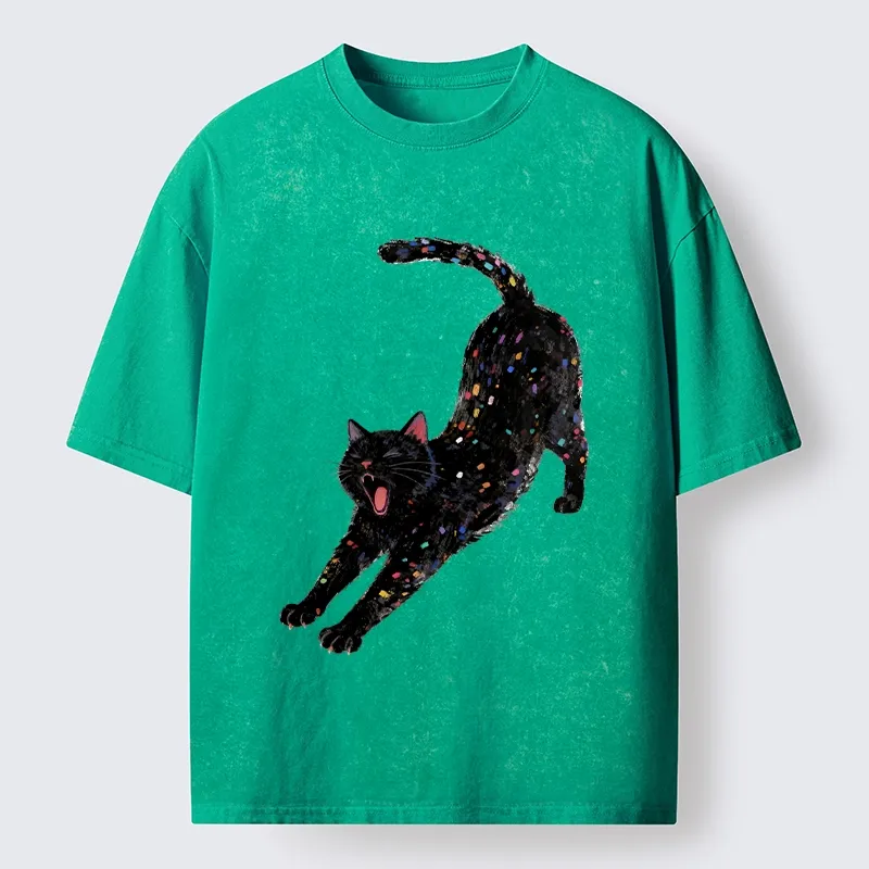 Tokyo-Tiger Dreamy Black Cat Yawning And Stretching Washed T-Shirt