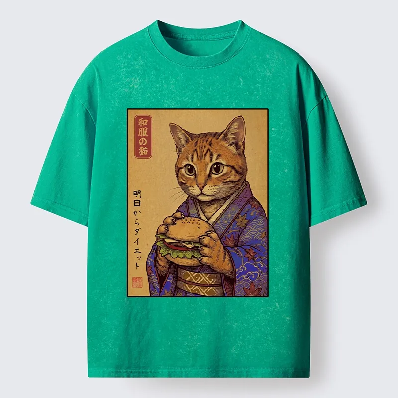 Tokyo-Tiger Kimono Cat Eating A Burger Washed T-Shirt