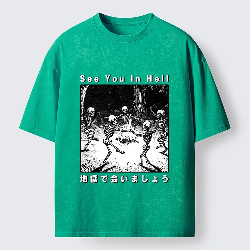 Tokyo-Tiger Funny Skeleton Hell Party Washed T-Shirt