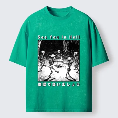 Tokyo-Tiger Funny Skeleton Hell Party Washed T-Shirt