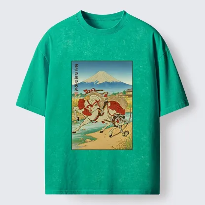 Tokyo-Tiger Samurai Frog Under Mount Fuji Washed T-Shirt