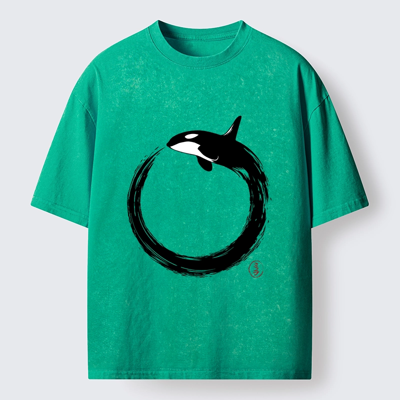 Tokyo-Tiger Orca In Black Ink Circle Washed T-Shirt