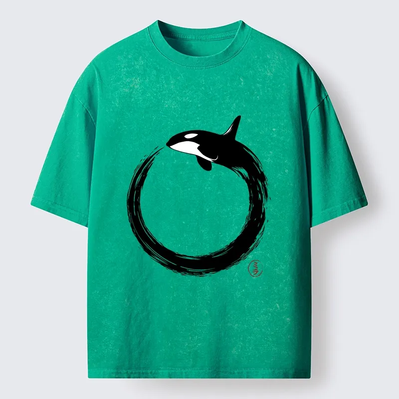Tokyo-Tiger Orca In Black Ink Circle Washed T-Shirt